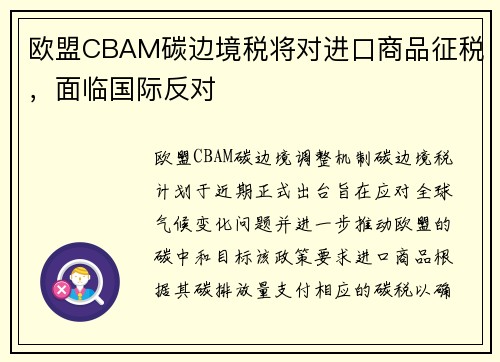欧盟CBAM碳边境税将对进口商品征税，面临国际反对